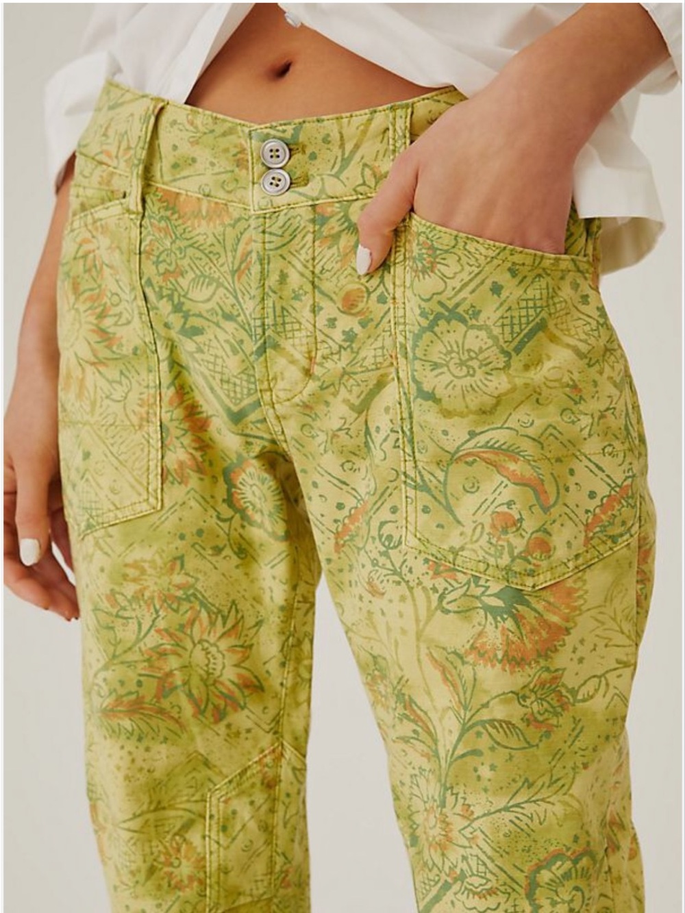 Anthropologie Pilcro The Wanderer Pants 31 Green Floral Patchwork Low Rise Boho - Picture 4 of 16
